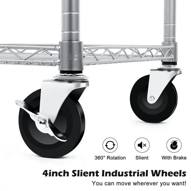 Alt view image 4 of 6 - 990Lbs Capacity Heavy Duty Rolling Utility Cart, NSF Rolling Carts with Wheels,Commercial Grade Metal Cart with Handle Bar & Shelf Liner,Trolley Serving Cart for Restaurant,Kitchen,Gray