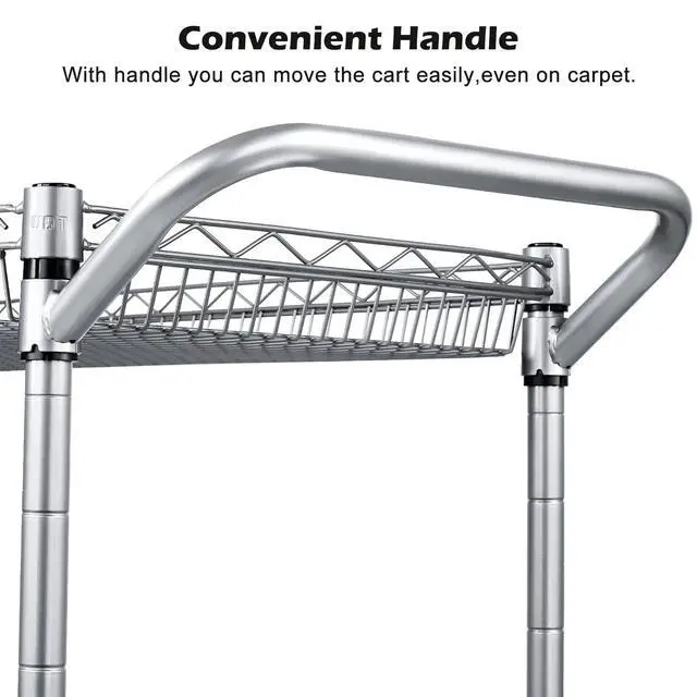 Alt view image 5 of 6 - 990Lbs Capacity Heavy Duty Rolling Utility Cart, NSF Rolling Carts with Wheels,Commercial Grade Metal Cart with Handle Bar & Shelf Liner,Trolley Serving Cart for Restaurant,Kitchen,Gray