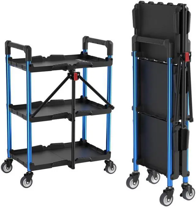 Main image of 3-Tier Collapsible Service Cart, Black/Blue, 210 LBS Foldable Utility Cart with Wheels, Portable Rolling Tool Cart for Garage, Warehouse, Home, Restaurant and Office (No Assembly Required)