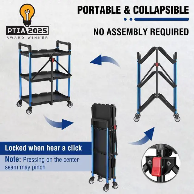 Alt view image 2 of 7 - 3-Tier Collapsible Service Cart, Black/Blue, 210 LBS Foldable Utility Cart with Wheels, Portable Rolling Tool Cart for Garage, Warehouse, Home, Restaurant and Office (No Assembly Required)