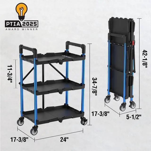 Alt view image 3 of 7 - 3-Tier Collapsible Service Cart, Black/Blue, 210 LBS Foldable Utility Cart with Wheels, Portable Rolling Tool Cart for Garage, Warehouse, Home, Restaurant and Office (No Assembly Required)