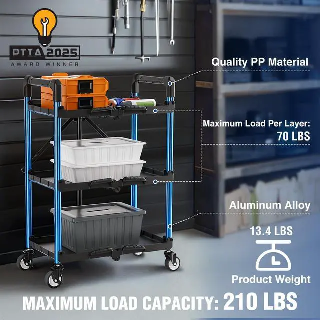 Alt view image 4 of 7 - 3-Tier Collapsible Service Cart, Black/Blue, 210 LBS Foldable Utility Cart with Wheels, Portable Rolling Tool Cart for Garage, Warehouse, Home, Restaurant and Office (No Assembly Required)
