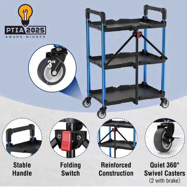 Alt view image 5 of 7 - 3-Tier Collapsible Service Cart, Black/Blue, 210 LBS Foldable Utility Cart with Wheels, Portable Rolling Tool Cart for Garage, Warehouse, Home, Restaurant and Office (No Assembly Required)