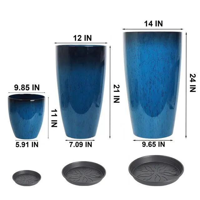 Alt view image 2 of 7 - 24,21,11 Inch Large Plastic Planters with Drainage Hole and Saucer - Set of 3 Tall Plant Pots Indoor Flower Pot Tall Round Planters Outdoor Large Tall Planter