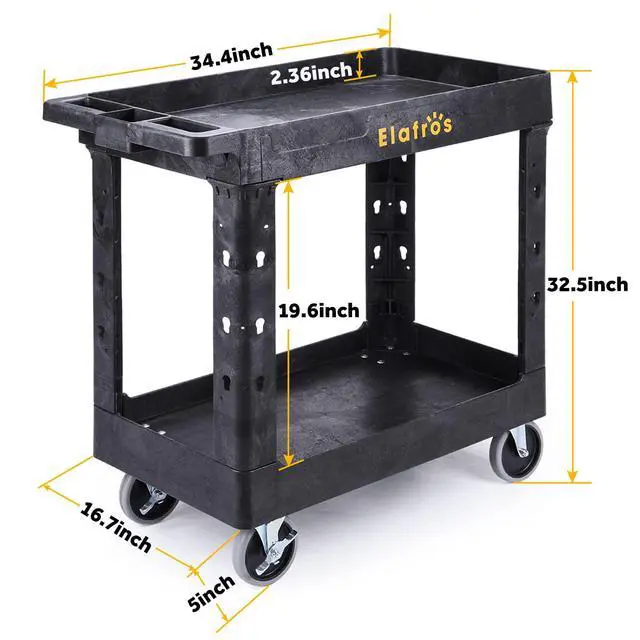 Alt view image 2 of 6 - Heavy Duty Plastic Utility Cart 34 x 17 Inch - Work Cart Tub Storage W/Deep Shelves and Full Swivel Wheels Safely Holds up to 550lbs - 2 Tier Service Cart for Warehouse,Garage, Cleaning