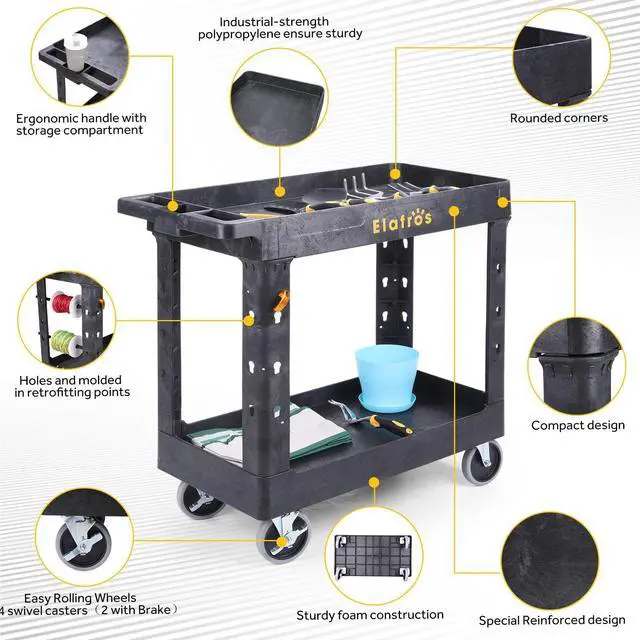 Alt view image 4 of 6 - Heavy Duty Plastic Utility Cart 34 x 17 Inch - Work Cart Tub Storage W/Deep Shelves and Full Swivel Wheels Safely Holds up to 550lbs - 2 Tier Service Cart for Warehouse,Garage, Cleaning