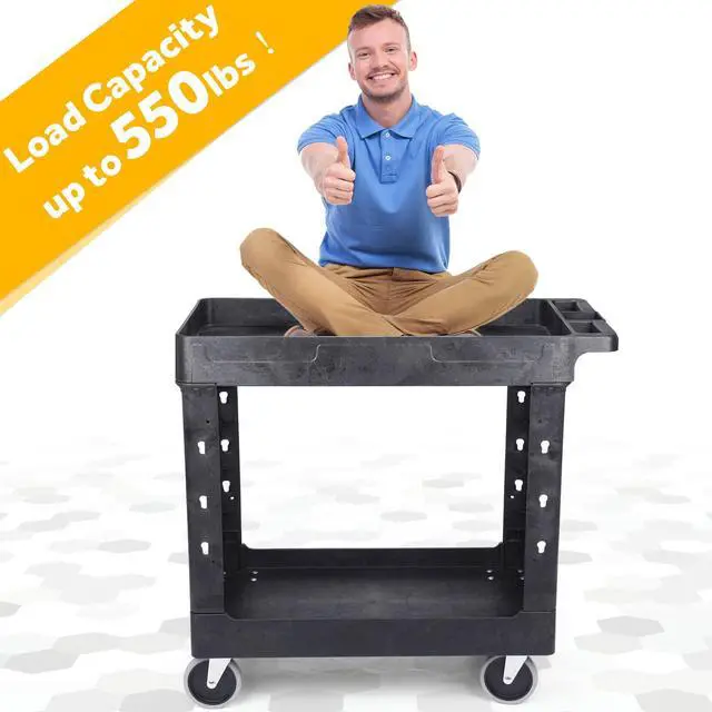 Alt view image 6 of 6 - Heavy Duty Plastic Utility Cart 34 x 17 Inch - Work Cart Tub Storage W/Deep Shelves and Full Swivel Wheels Safely Holds up to 550lbs - 2 Tier Service Cart for Warehouse,Garage, Cleaning