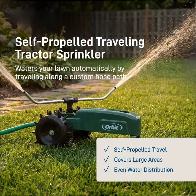 Alt view image 3 of 7 - Traveling Tractor Water Sprinkler - Self-Propelled Traveling Sprinkler for Wide Lawn Coverage - Cast-Iron Body with Adjustable Coverage - Three-Speed - Automatic Shut Off - 58322