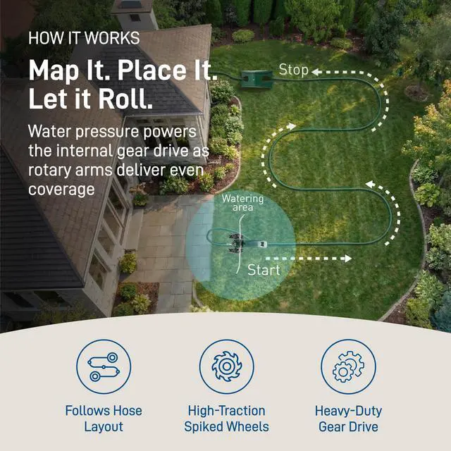 Alt view image 4 of 7 - Traveling Tractor Water Sprinkler - Self-Propelled Traveling Sprinkler for Wide Lawn Coverage - Cast-Iron Body with Adjustable Coverage - Three-Speed - Automatic Shut Off - 58322