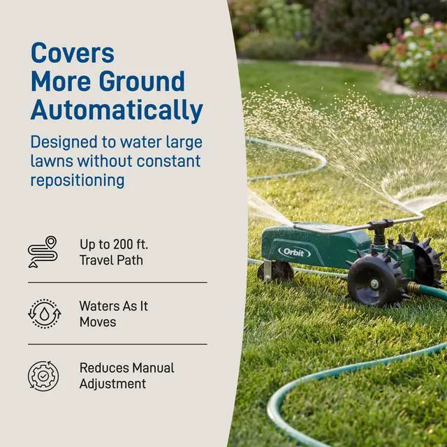 Alt view image 5 of 7 - Traveling Tractor Water Sprinkler - Self-Propelled Traveling Sprinkler for Wide Lawn Coverage - Cast-Iron Body with Adjustable Coverage - Three-Speed - Automatic Shut Off - 58322