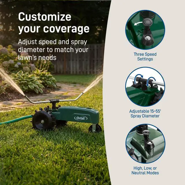 Alt view image 6 of 7 - Traveling Tractor Water Sprinkler - Self-Propelled Traveling Sprinkler for Wide Lawn Coverage - Cast-Iron Body with Adjustable Coverage - Three-Speed - Automatic Shut Off - 58322