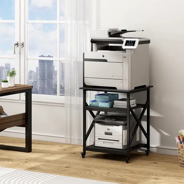 Alt view image 2 of 7 - Printer Stand, 23.6 x 23.6 x 30.1 Inches Large Square Printer Table with Height Adjustable Storage Shelf, 3 Tier Rolling Printer Cart with Industrial Wheels for Home Office - Black