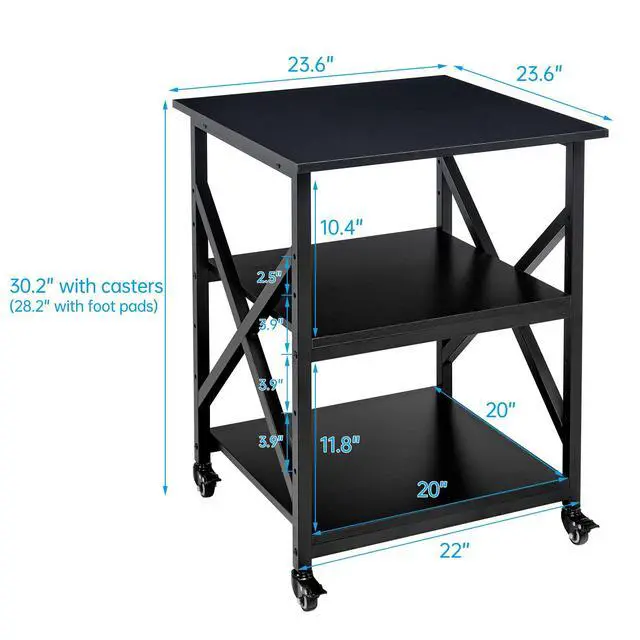 Alt view image 3 of 7 - Printer Stand, 23.6 x 23.6 x 30.1 Inches Large Square Printer Table with Height Adjustable Storage Shelf, 3 Tier Rolling Printer Cart with Industrial Wheels for Home Office - Black