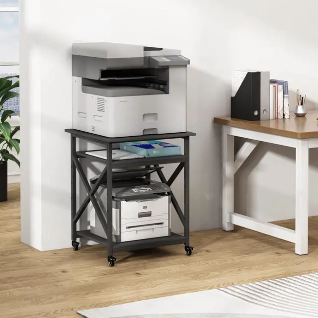 Alt view image 7 of 7 - Printer Stand, 23.6 x 23.6 x 30.1 Inches Large Square Printer Table with Height Adjustable Storage Shelf, 3 Tier Rolling Printer Cart with Industrial Wheels for Home Office - Black