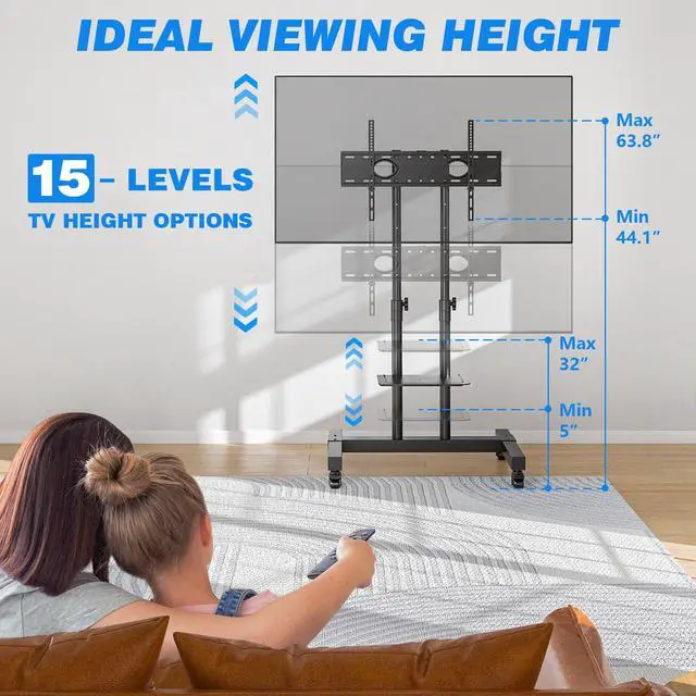 Alt view image 2 of 7 - Mobile TV Cart Rolling TV Stand for 32-83 Inch Screens up to 110lbs, Portable TV Stand on Wheels with Height Adjustable Shelf, Outdoor TV Stands Mount for Home Office MAX VESA 600x400mm, Black