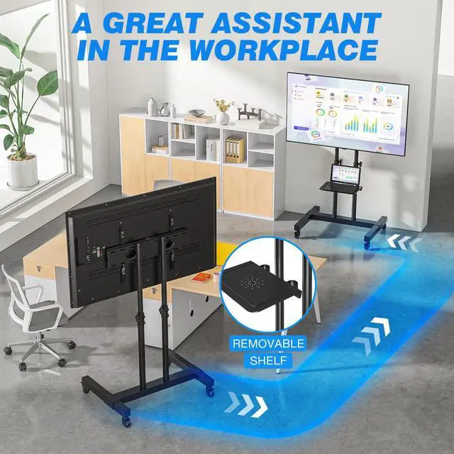 Alt view image 3 of 7 - Mobile TV Cart Rolling TV Stand for 32-83 Inch Screens up to 110lbs, Portable TV Stand on Wheels with Height Adjustable Shelf, Outdoor TV Stands Mount for Home Office MAX VESA 600x400mm, Black