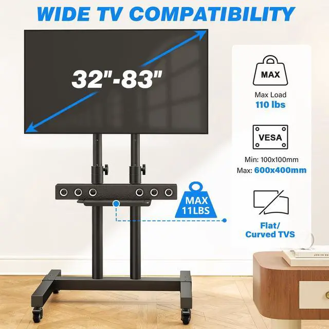 Alt view image 5 of 7 - Mobile TV Cart Rolling TV Stand for 32-83 Inch Screens up to 110lbs, Portable TV Stand on Wheels with Height Adjustable Shelf, Outdoor TV Stands Mount for Home Office MAX VESA 600x400mm, Black
