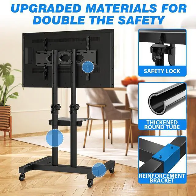 Alt view image 7 of 7 - Mobile TV Cart Rolling TV Stand for 32-83 Inch Screens up to 110lbs, Portable TV Stand on Wheels with Height Adjustable Shelf, Outdoor TV Stands Mount for Home Office MAX VESA 600x400mm, Black