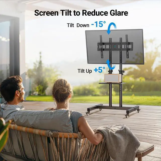 Alt view image 6 of 7 - Rolling TV Stand on Wheels for 32-83 Inch Screens up to 110lbs, Mobile TV Cart Height Adjustable Portable Outdoor TV Stand Tilt Rolling TV Cart with Shelf Max VESA 600x400mm PSTVMC03