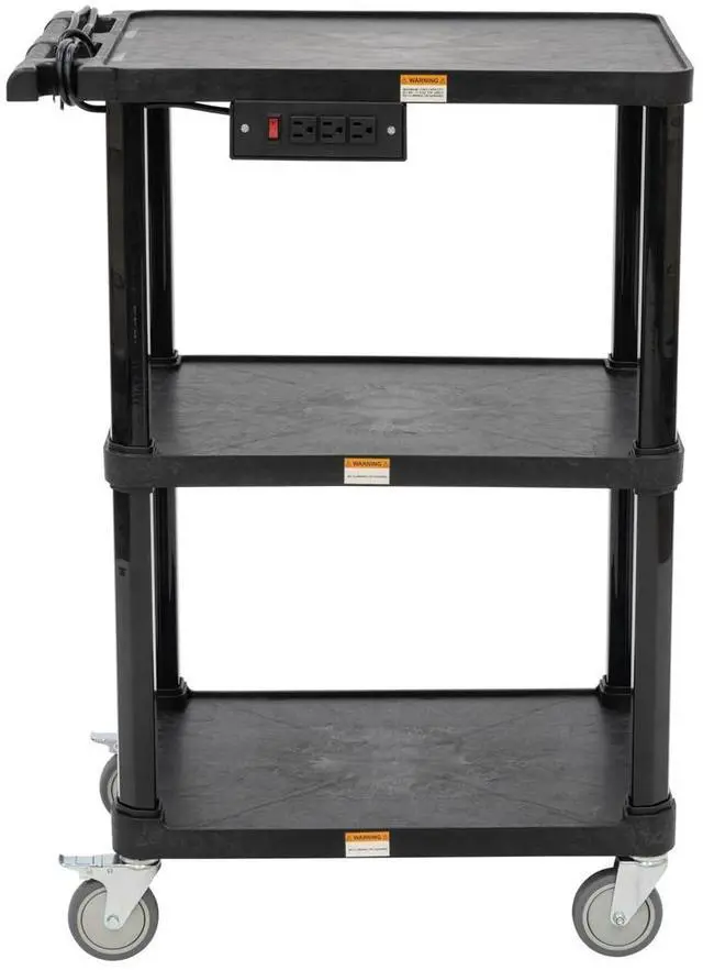 Main image of 3-Shelf Mobile Utility Cart with 3 Outlets and 8' Cord, Heavy-Duty Service Cart for Offices and Warehouses with 3 Shelves, Black