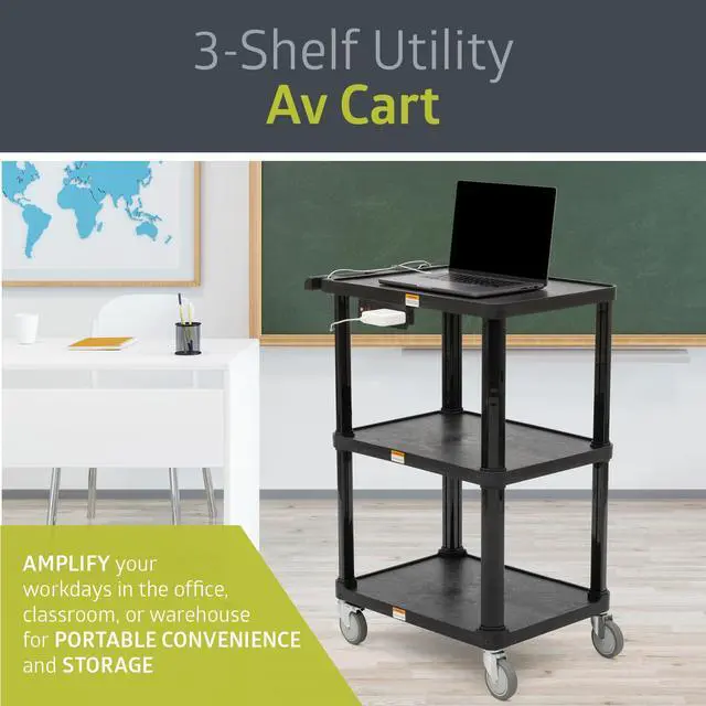 Alt view image 2 of 6 - 3-Shelf Mobile Utility Cart with 3 Outlets and 8' Cord, Heavy-Duty Service Cart for Offices and Warehouses with 3 Shelves, Black