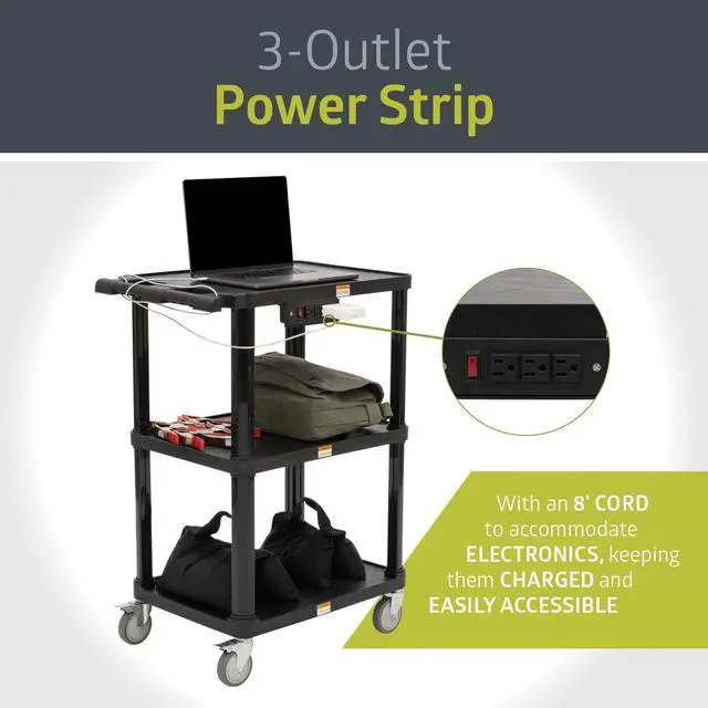 Alt view image 4 of 6 - 3-Shelf Mobile Utility Cart with 3 Outlets and 8' Cord, Heavy-Duty Service Cart for Offices and Warehouses with 3 Shelves, Black