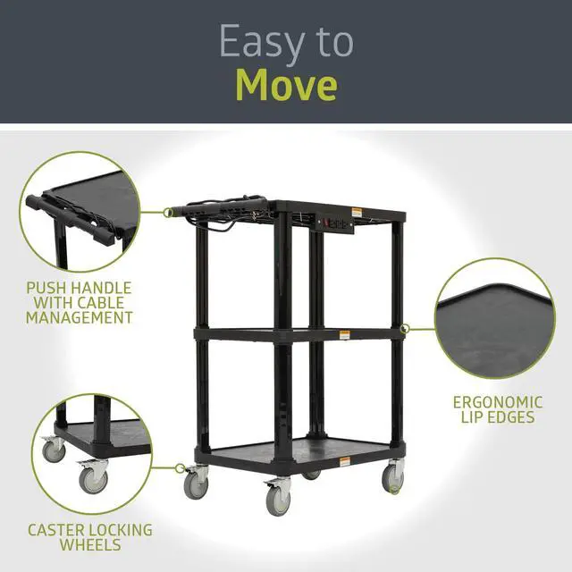 Alt view image 3 of 6 - 3-Shelf Mobile Utility Cart with 3 Outlets and 8' Cord, Heavy-Duty Service Cart for Offices and Warehouses with 3 Shelves, Black
