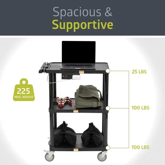 Alt view image 5 of 6 - 3-Shelf Mobile Utility Cart with 3 Outlets and 8' Cord, Heavy-Duty Service Cart for Offices and Warehouses with 3 Shelves, Black
