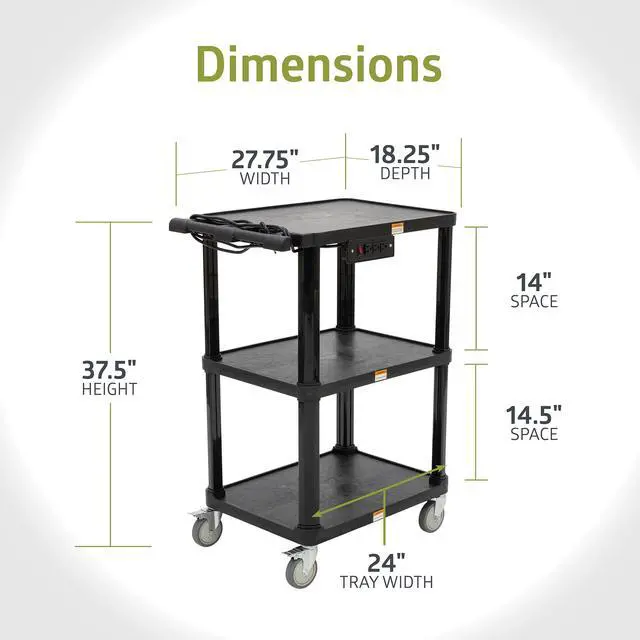 Alt view image 6 of 6 - 3-Shelf Mobile Utility Cart with 3 Outlets and 8' Cord, Heavy-Duty Service Cart for Offices and Warehouses with 3 Shelves, Black