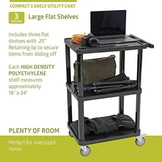 Alt view image 4 of 7 - 3-Tier Compact Multi-Purpose Plastic Utility Cart with Lockable Wheels up to 300LBS, Black