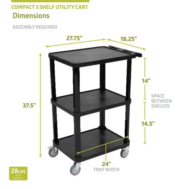 Alt view image 2 of 7 - 3-Tier Compact Multi-Purpose Plastic Utility Cart with Lockable Wheels up to 300LBS, Black