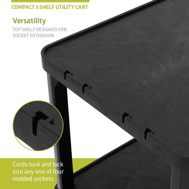 Alt view image 3 of 7 - 3-Tier Compact Multi-Purpose Plastic Utility Cart with Lockable Wheels up to 300LBS, Black