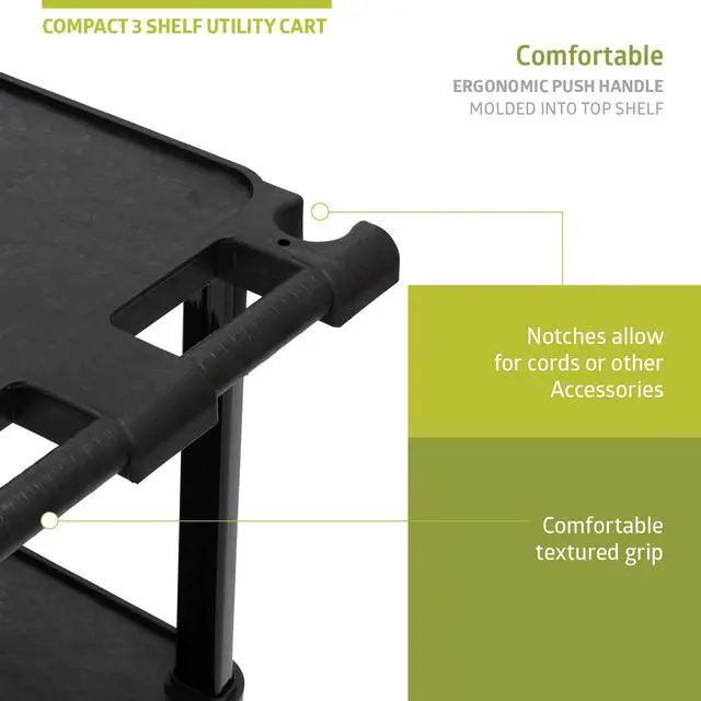 Alt view image 5 of 7 - 3-Tier Compact Multi-Purpose Plastic Utility Cart with Lockable Wheels up to 300LBS, Black
