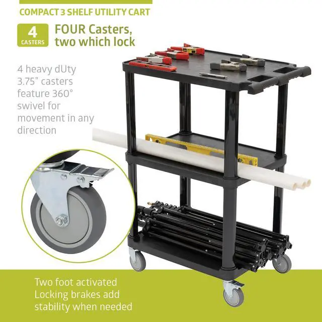 Alt view image 6 of 7 - 3-Tier Compact Multi-Purpose Plastic Utility Cart with Lockable Wheels up to 300LBS, Black