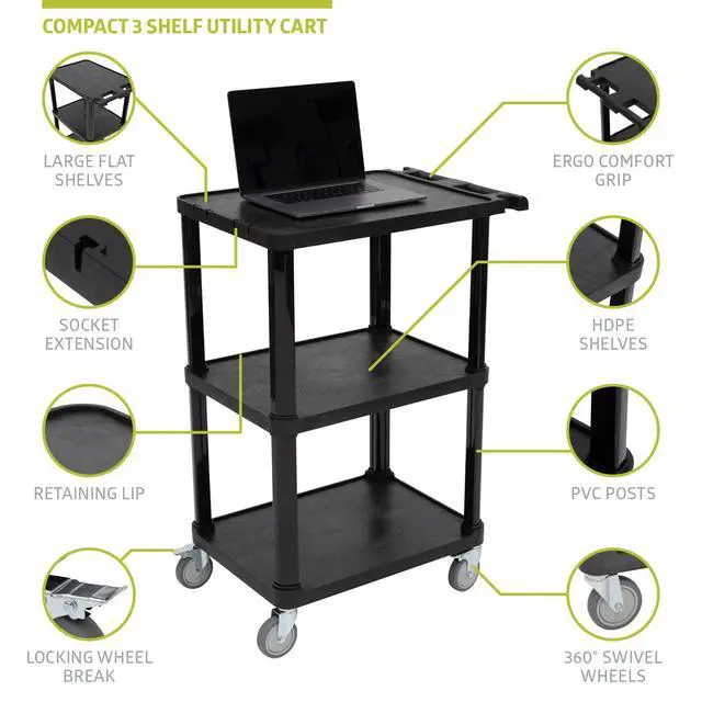 Alt view image 7 of 7 - 3-Tier Compact Multi-Purpose Plastic Utility Cart with Lockable Wheels up to 300LBS, Black