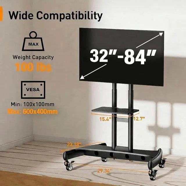 Alt view image 2 of 7 - Rolling TV Stand for 32-84 Inch TV, Mobile TV Cart up to 100lbs, Adjustable Height Outdoor TV Cart with Heavy-Duty Base, VESA 600x400mm, Portable TV Stand on Wheels for Livingroom PGTVMC05-1