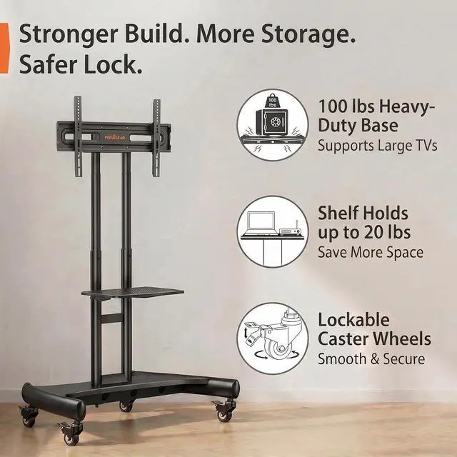 Alt view image 4 of 7 - Rolling TV Stand for 32-84 Inch TV, Mobile TV Cart up to 100lbs, Adjustable Height Outdoor TV Cart with Heavy-Duty Base, VESA 600x400mm, Portable TV Stand on Wheels for Livingroom PGTVMC05-1