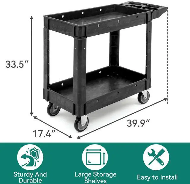 Alt view image 3 of 7 - Utility Cart on Wheels, Plastic Tool Cart 550 lbs Capacity Service Cart, 40 x 17 Inch 2 Shelf Extra Heavy Duty Rolling Work Carts for Warehouse, Garage, School & Office, Cleaning, Black