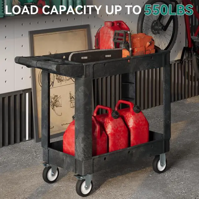 Alt view image 2 of 7 - Utility Cart on Wheels, Plastic Tool Cart 550 lbs Capacity Service Cart, 40 x 17 Inch 2 Shelf Extra Heavy Duty Rolling Work Carts for Warehouse, Garage, School & Office, Cleaning, Black