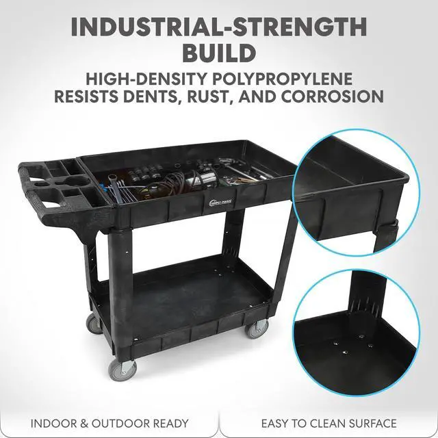 Alt view image 2 of 7 - Rolling Utility Cart on Wheels, Heavy Duty with Ergonomic Handle, Deep Shelfs for Garage, Warehouse, Workshop, 600-Pound Capacity 40x33x17-Inch