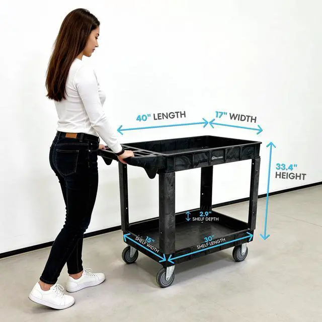 Alt view image 7 of 7 - Rolling Utility Cart on Wheels, Heavy Duty with Ergonomic Handle, Deep Shelfs for Garage, Warehouse, Workshop, 600-Pound Capacity 40x33x17-Inch
