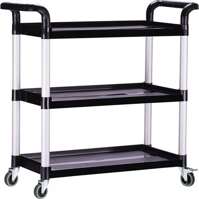 Main image of Plastic Utility Carts with Wheels, Heavy Duty 510lbs Capacity Rolling Service Cart, 3-Tier Restaurant Food Cart with Hammer for Office, Warehouse, Garage (Lockable Wheels, Black)