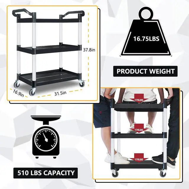 Alt view image 3 of 7 - Plastic Utility Carts with Wheels, Heavy Duty 510lbs Capacity Rolling Service Cart, 3-Tier Restaurant Food Cart with Hammer for Office, Warehouse, Garage (Lockable Wheels, Black)