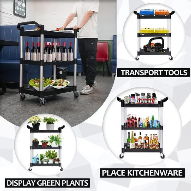 Alt view image 4 of 7 - Plastic Utility Carts with Wheels, Heavy Duty 510lbs Capacity Rolling Service Cart, 3-Tier Restaurant Food Cart with Hammer for Office, Warehouse, Garage (Lockable Wheels, Black)
