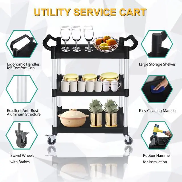 Alt view image 5 of 7 - Plastic Utility Carts with Wheels, Heavy Duty 510lbs Capacity Rolling Service Cart, 3-Tier Restaurant Food Cart with Hammer for Office, Warehouse, Garage (Lockable Wheels, Black)