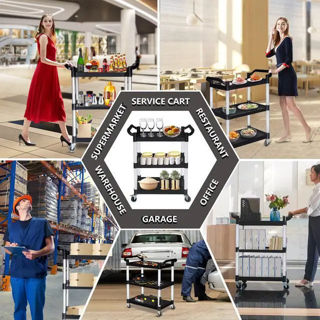 Alt view image 2 of 7 - Plastic Utility Carts with Wheels, Heavy Duty 510lbs Capacity Rolling Service Cart, 3-Tier Restaurant Food Cart with Hammer for Office, Warehouse, Garage (Lockable Wheels, Black)