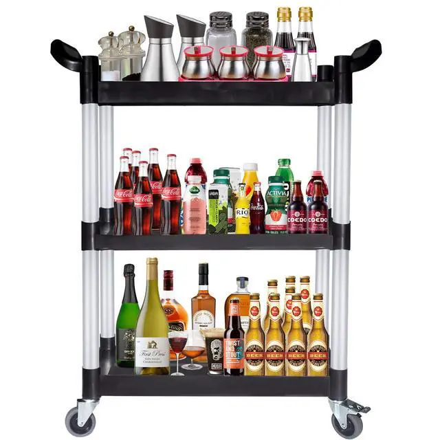Alt view image 7 of 7 - Plastic Utility Carts with Wheels, Heavy Duty 510lbs Capacity Rolling Service Cart, 3-Tier Restaurant Food Cart with Hammer for Office, Warehouse, Garage (Lockable Wheels, Black)