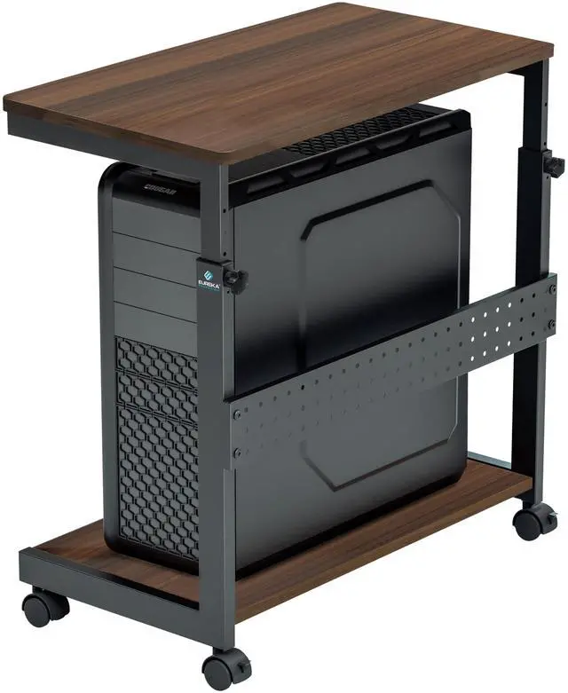 Main image of PC Stand Computer Cart, Height Adjustable Tower Stand 2-Tier Suit for ATX Case Printer, Metal Rolling Cart on Wheels for Gaming Home Office, Walnut