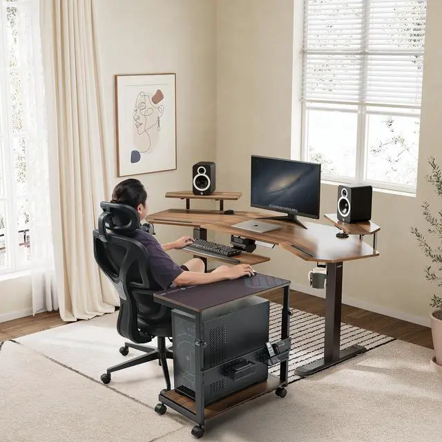Alt view image 2 of 7 - PC Stand Computer Cart, Height Adjustable Tower Stand 2-Tier Suit for ATX Case Printer, Metal Rolling Cart on Wheels for Gaming Home Office, Walnut
