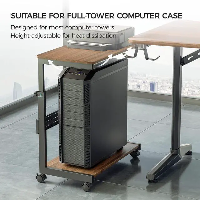 Alt view image 5 of 7 - PC Stand Computer Cart, Height Adjustable Tower Stand 2-Tier Suit for ATX Case Printer, Metal Rolling Cart on Wheels for Gaming Home Office, Walnut